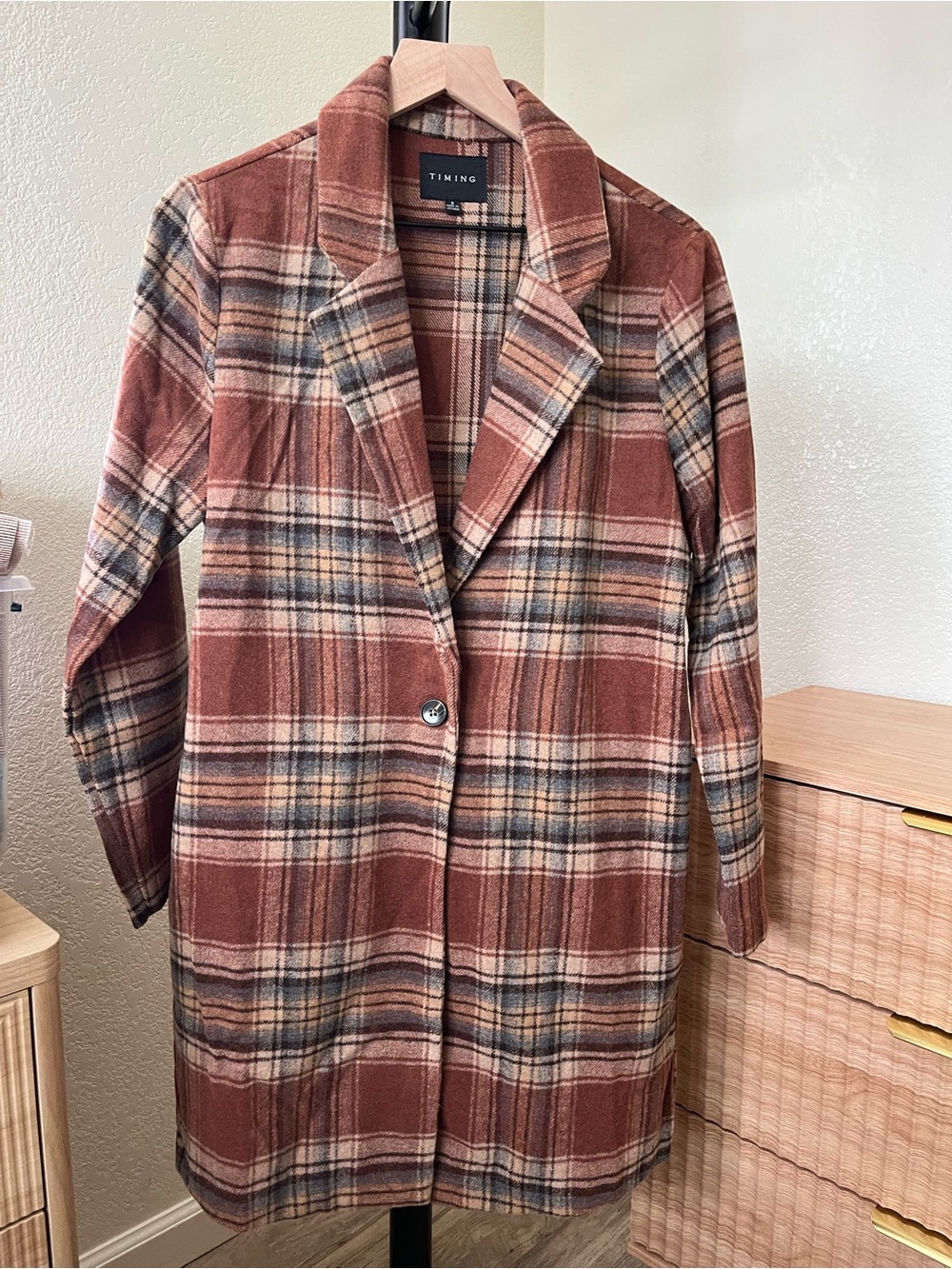 TIMING Rust Plaid Women's Trench Coat